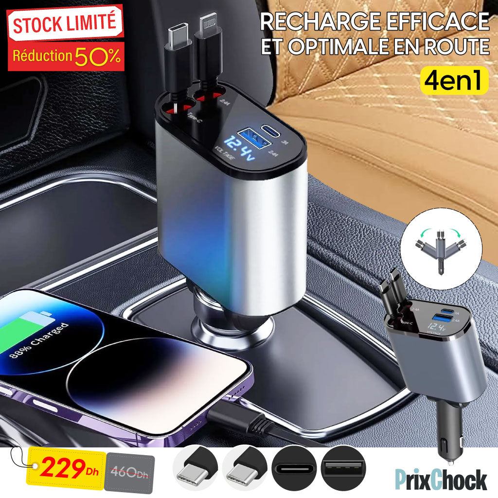 Chargeur de voiture Usb C rétractable super rapide Type C 4-en-1 Ports de charge Chargeur de voiture Usb C rétractable super rapide Type C 4-en-1 Ports de charge